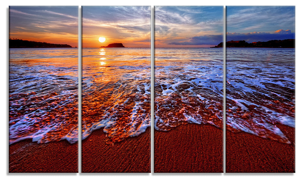 Colorful Sunset with Bright Waters, Seashore Canvas Art Print, 48"x28", 4 Panels
