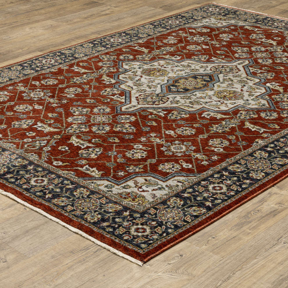 Augustus Oriental Medallion Red/ Blue Indoor Area Rug, Red, 6'7"x9'6"
