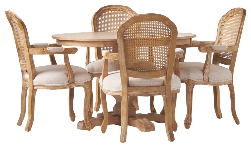 Ardyce French Country Fabric Upholstered Wood and Cane 5-Piece Dining Set, Natural/Beige