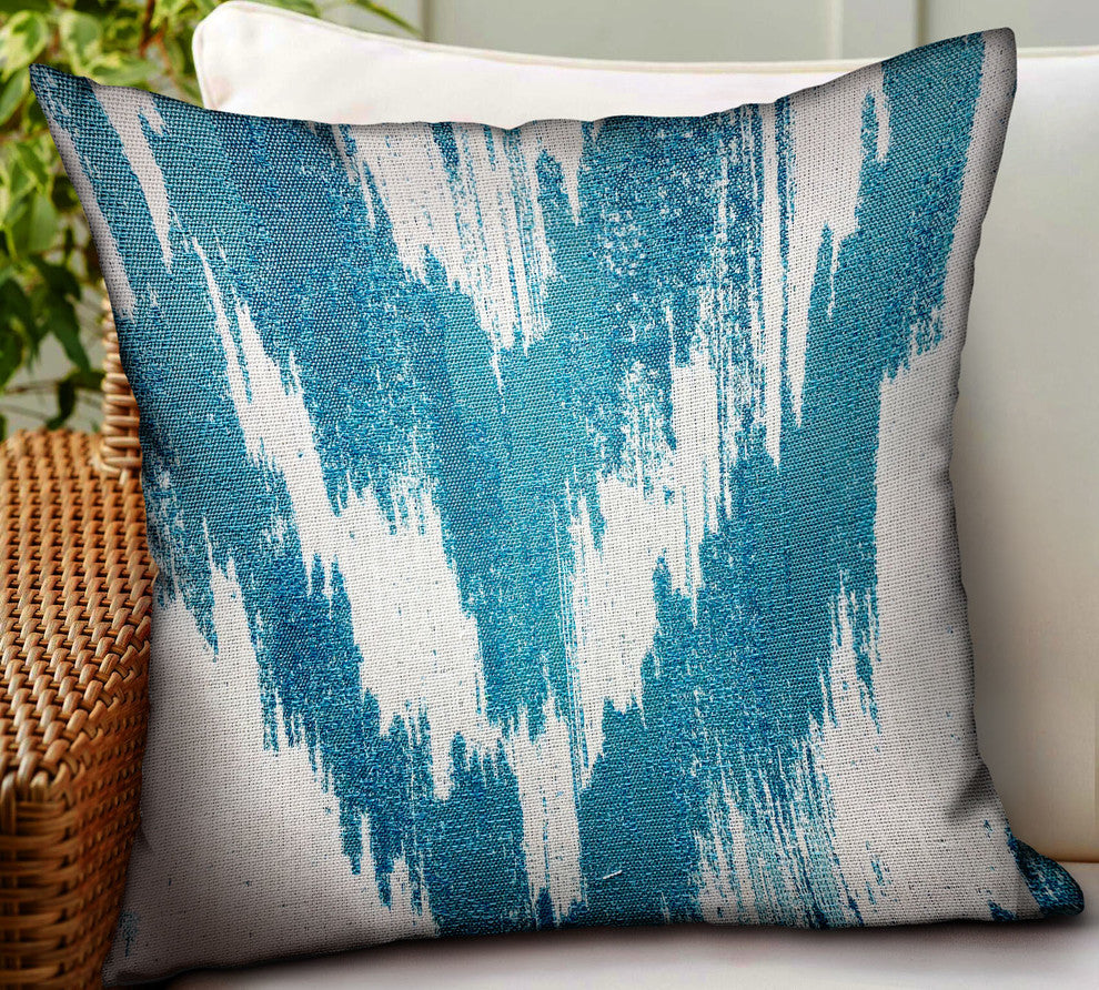 Plutus Teal Avalanche Blue Ikat Luxury Outdoor/Indoor Throw Pillow, 24"x24"