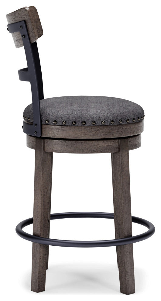 Benzara BM248092 Swivel Barstool With Nailhead Trim and Curved Panel Back, Gray