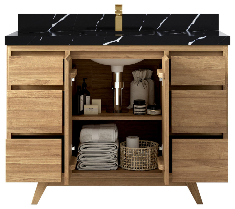 Madison Teak 48" Single Sink Bath Vanity in Light Natural 2" Calacatta Black
