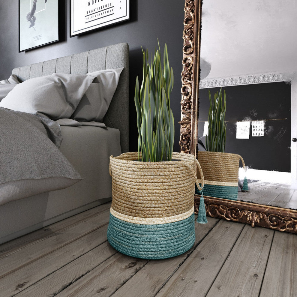 Teal and Natural Jute Color Block Storage Basket with Handles