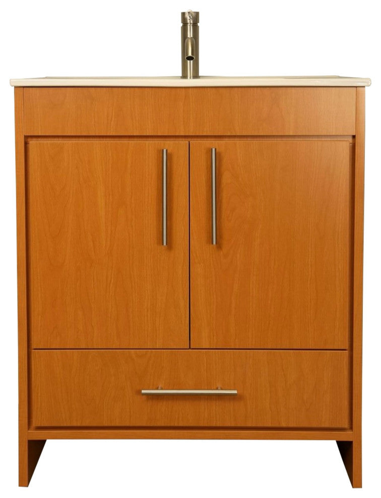 Pacific 30" Vanity With Integrated Ceramic Top and Brushed Nickel Handles, Honey