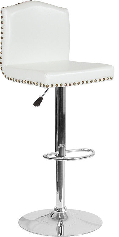 Contemporary Adjustable Height Barstool With Accent Nail Trim, White Leather