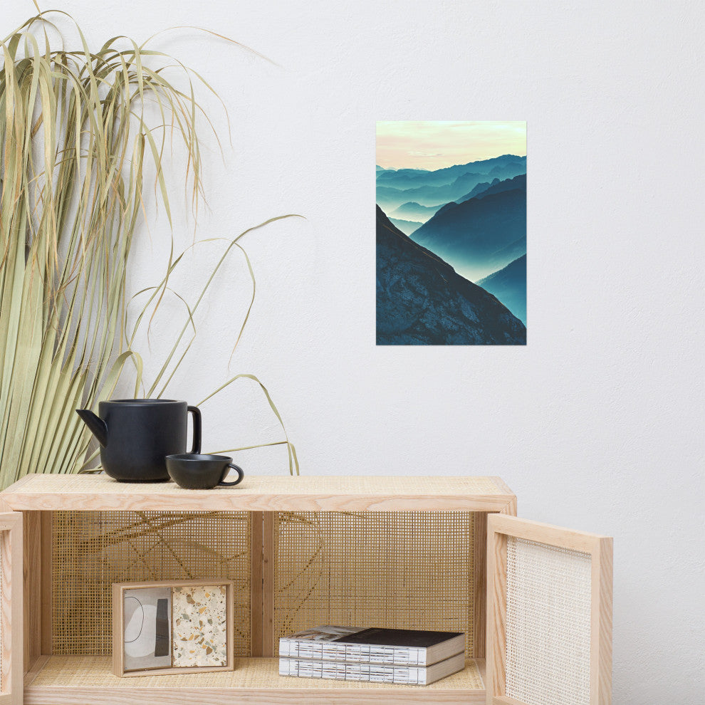 Misty Blue Silhouette Mountain Range Landscape Photo Unframed Wall Art Prints, 12" X 18"