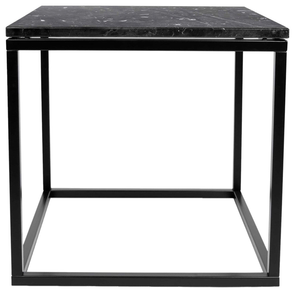 Modern Square Marble & Metal Side Table, Black Marble/Black Legs