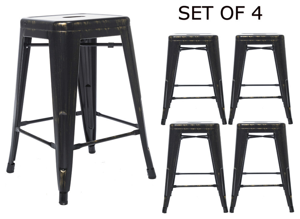 24" Stackable Industrial Golden Black Backless Kitchen Metal Barstools Set of 4