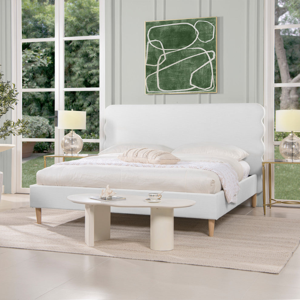 Stockholm Modern Wavy Headboard Platform Bed, Antique White Polyester, King