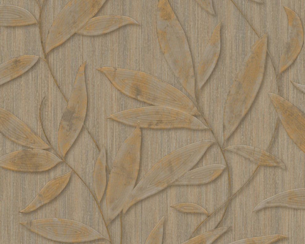 Floral Textured Wallpaper Leaves and Branches, 328805, Brown Gold, Sample