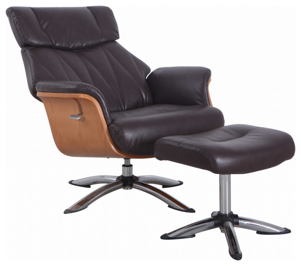 HomeRoots Espresso Faux Leather Swivel Adjustable Recliner and Ottoman Set