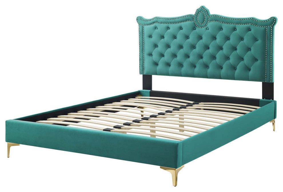Platform Bed Frame, Nailhead, Queen Size, Teal Blue, Velvet, Modern