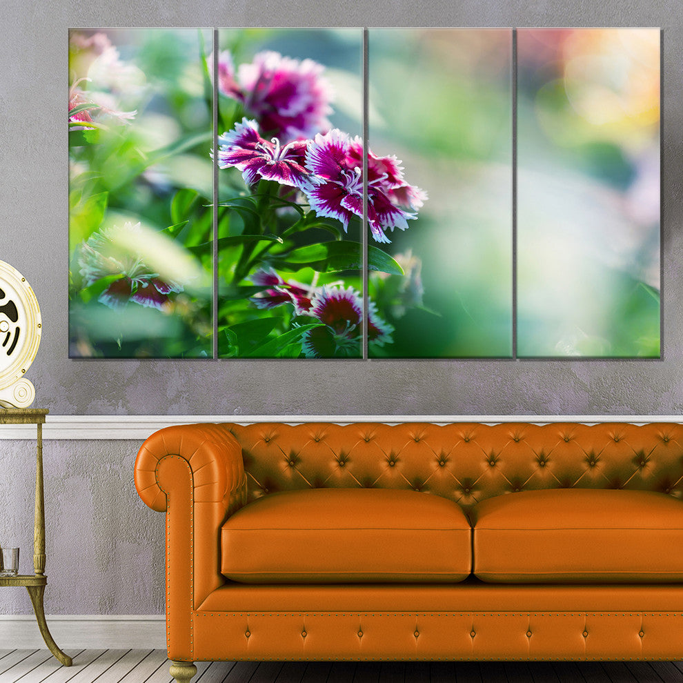 Pink Flowers on Green Background, Floral Canvas Art Print, 48"x28", 4 Panels