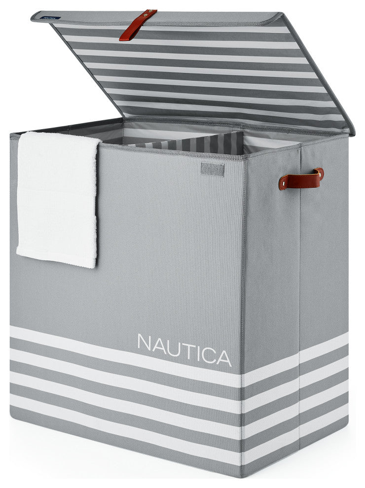 Nautica Folded Divided Hamper with Lid, Gray Stripe