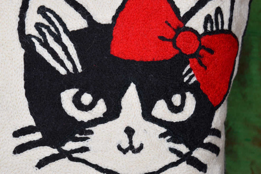 I Love Cats Decorative Pillow Cover Ivory Cream Whimsical Handmade Wool 18x18