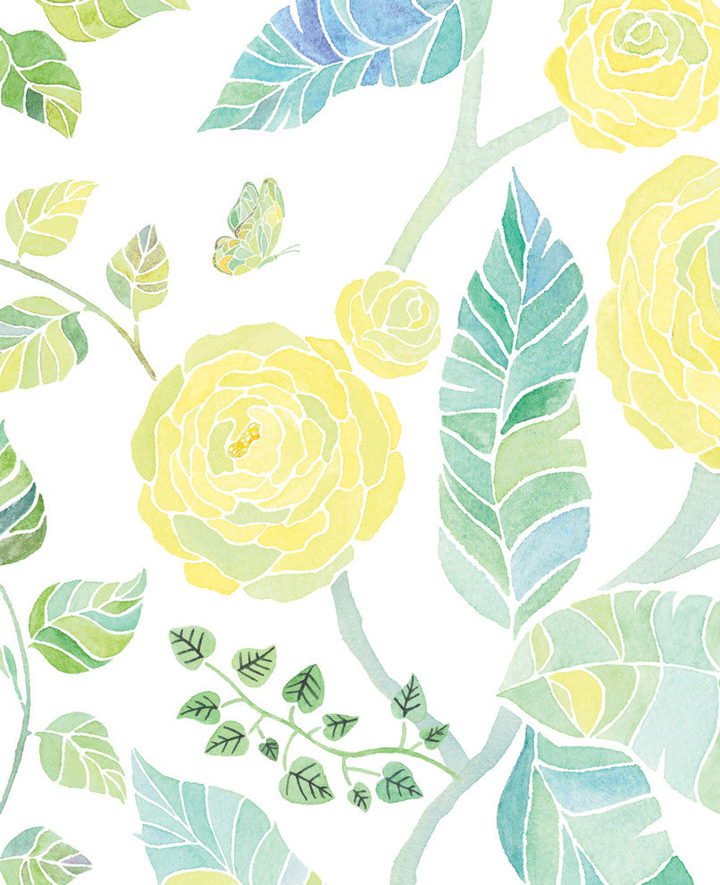 Spring Garden Flowers Peel and Stick Vinyl Wallpaper, Yellow, 24"w X 108"h