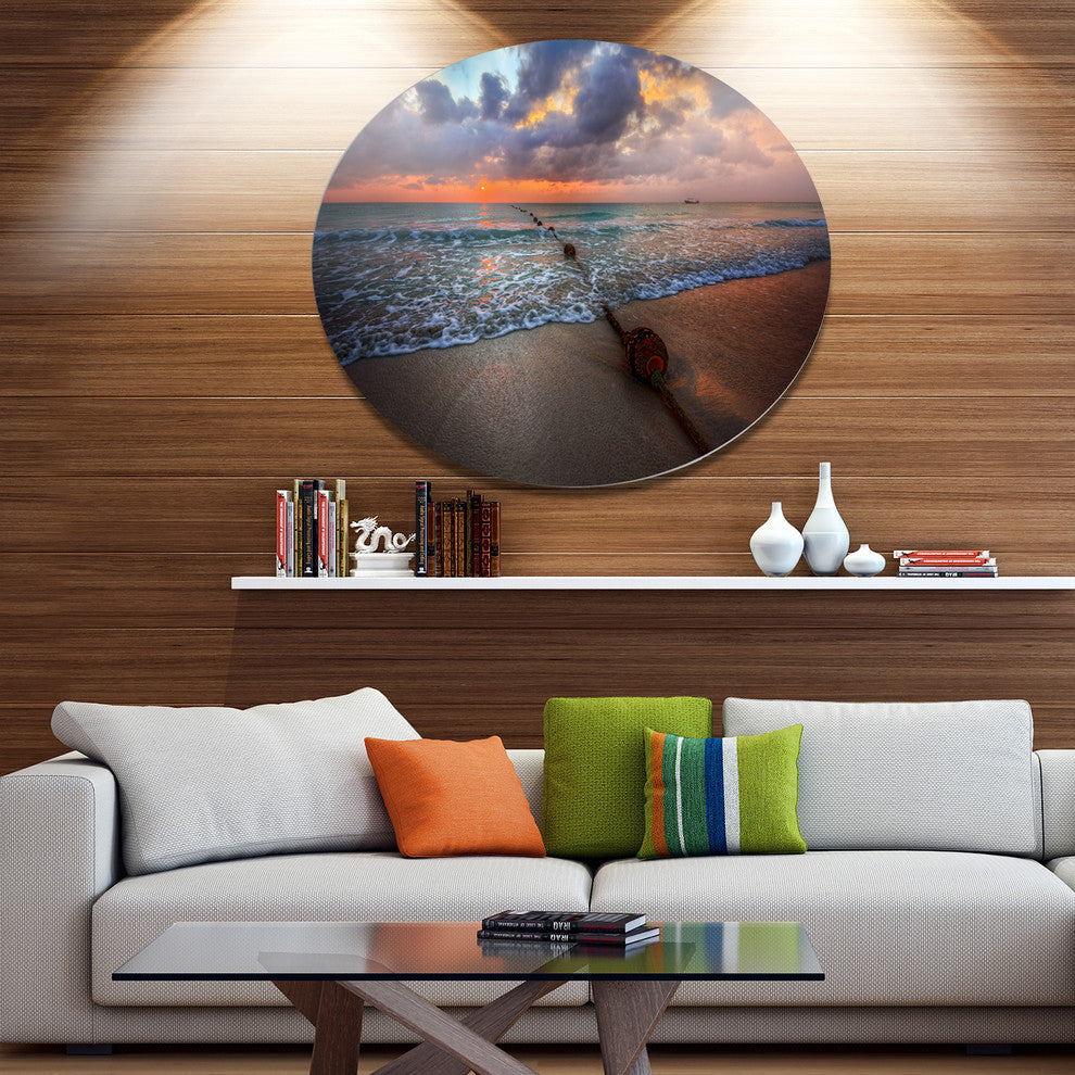 Reddish Sunset Over Clear Beach, Seashore Art Round Wall Art, 11"