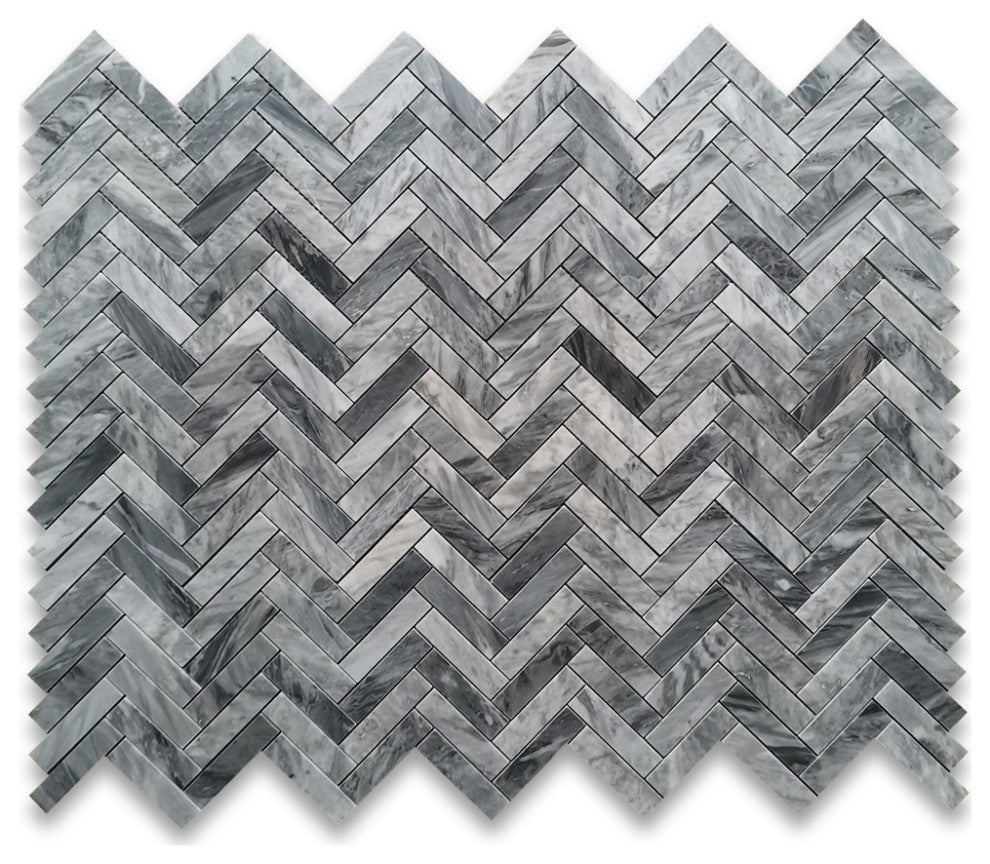 Bardiglio Gray Marble 1x4 Herringbone Mosaic Tile Polished, 1 sheet