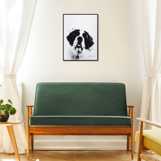 "Saint Bernard" Black and White Pet Art on Printed Glass with Anodized Frame