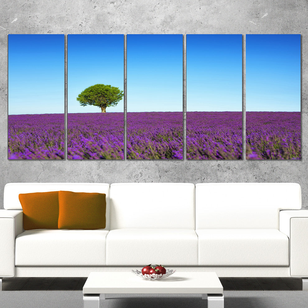 "Green Tree Among Lavender Flowers" Landscape Wall Art Print, 5 Panels, 60"x28"