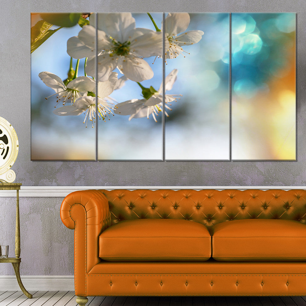 White Blossoming Cherry Tree, Floral Canvas Art Print, 48"x28", 4 Panels