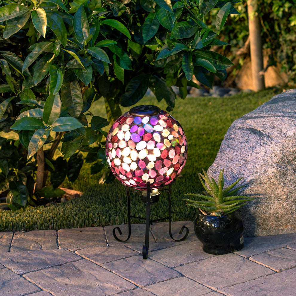 Solar Powered Pink Glass Mosaic Gazing Globe with LED Lights and Metal Stand