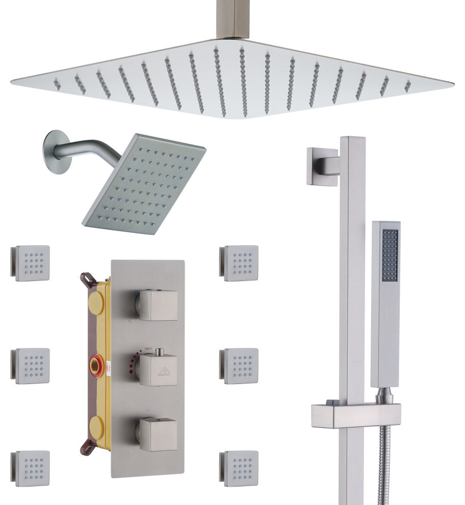 16inch Deluxe Showerhead Dual Shower Head System With Slide Bar and 6 Body Jets, Brushed Nickel
