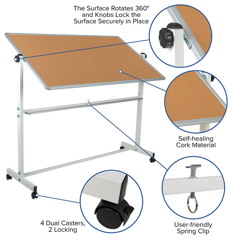 Hercules Reversible Cork and White Board Stand With Pen Tray, 62.5"x62.25"