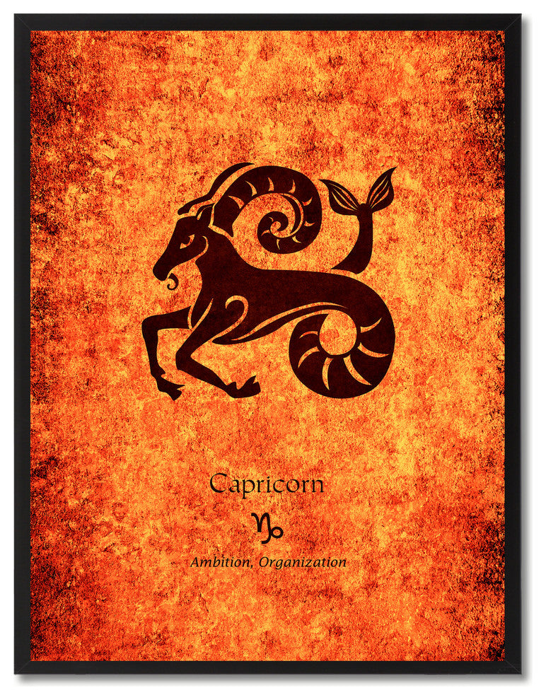 Capricorn Horoscope Astrology Orange Print on Canvas with Picture Frame, 28"x37"