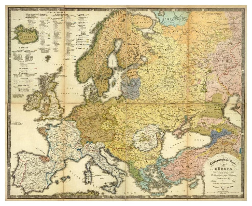 "Ethnographische Karte von Europa, 1847" Print by Heinrich Berghaus, 46"x38"