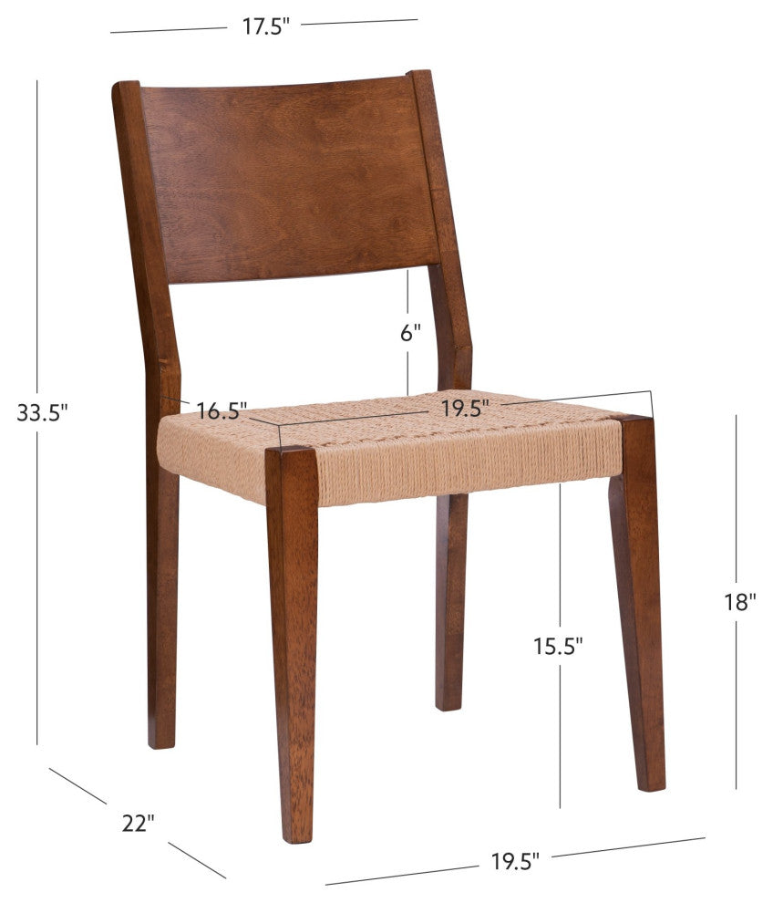 2 Pack Dining Chair, Wood Frame With Handwoven Rope Seat & Curved Back, Brown