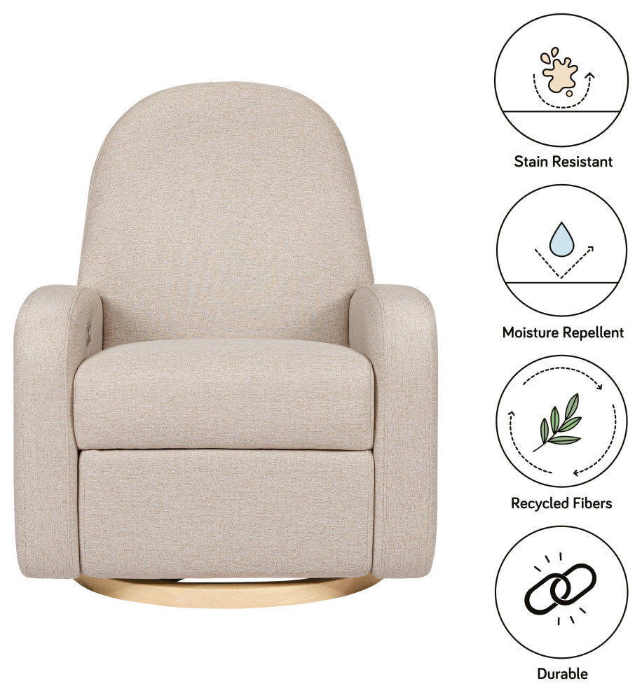 Nami Electronic Recliner and Swivel Glider Recliner, Boucle With USB port, Performance Beach Eco-Weave With Light Wood Base