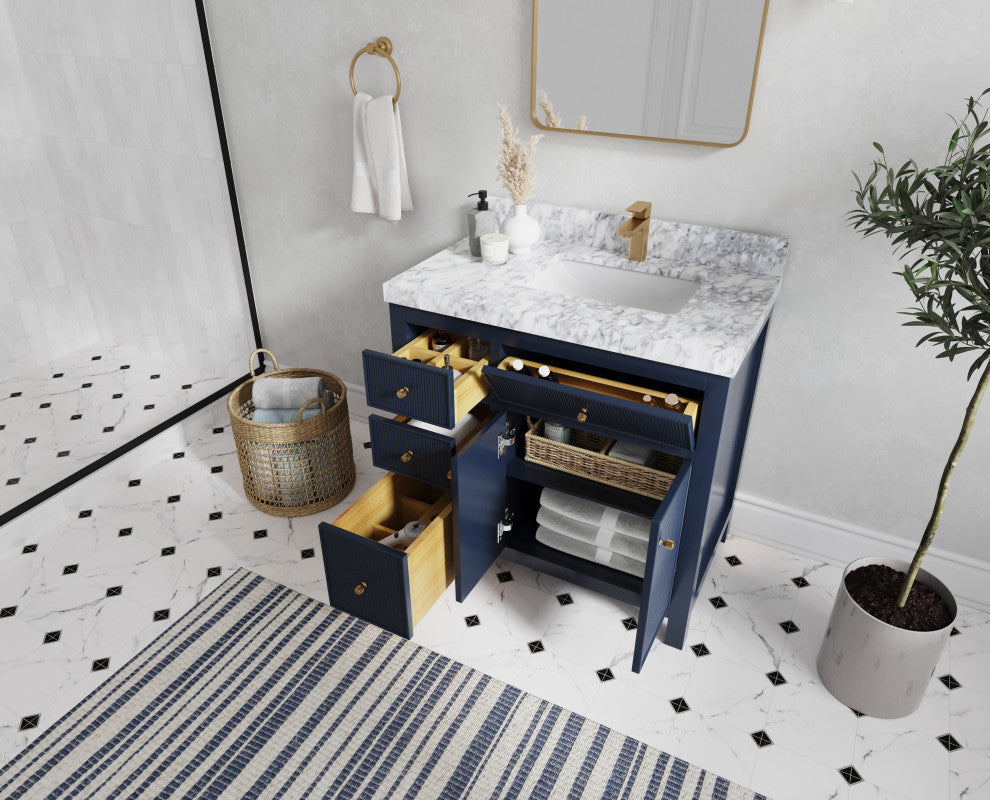 Sonoma 36 Right Offset Reeded Bath Vanity in Hale Navy Blue 2" Piatra Gray