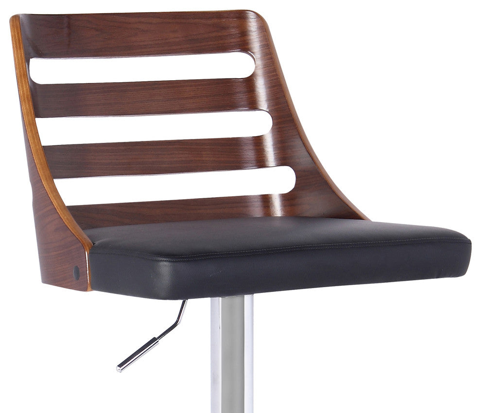 Soles Barstool, Chrome Finish With Walnut Wood and Black Faux Leather