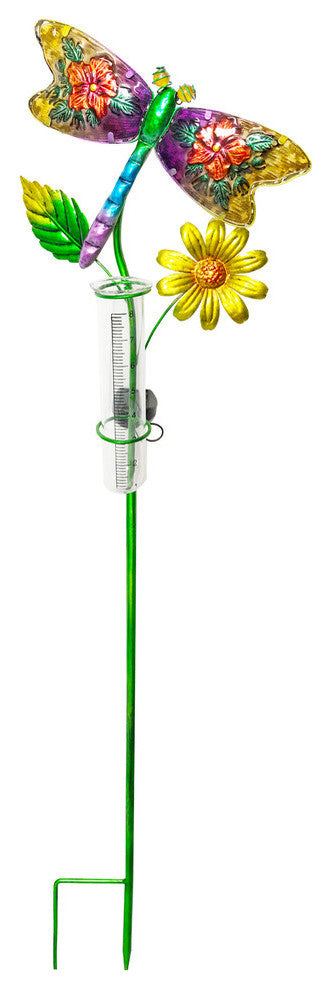 Solar Lighted Glass Dragonfly Outdoor Garden Stake With Rain Gauge