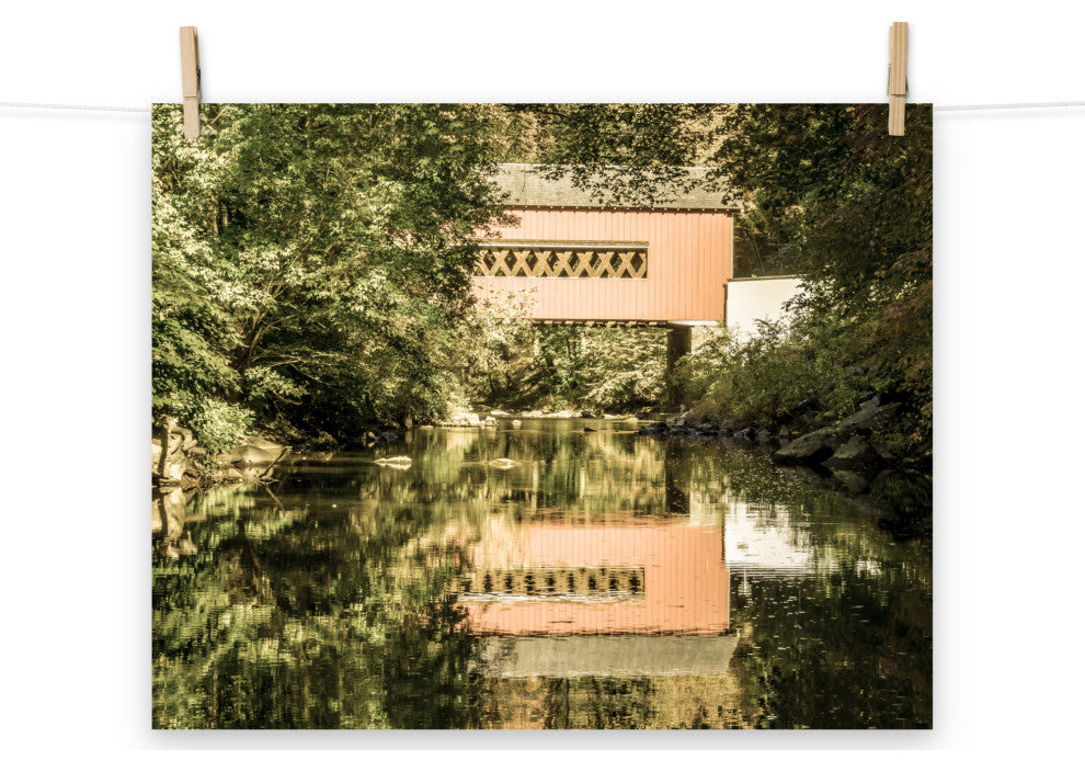 The Reflection of Wooddale Covered Bridge Aged Unframed Wall Art Print, 16" X 20"