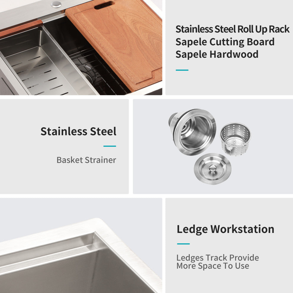Topmount Workstation Drop In Stainless Steel Single Bowl Kitchen Sink 25"