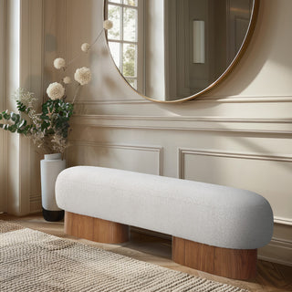 Robertson Boucle Fabric Upholstered Bench, Cream, Walnut Finish