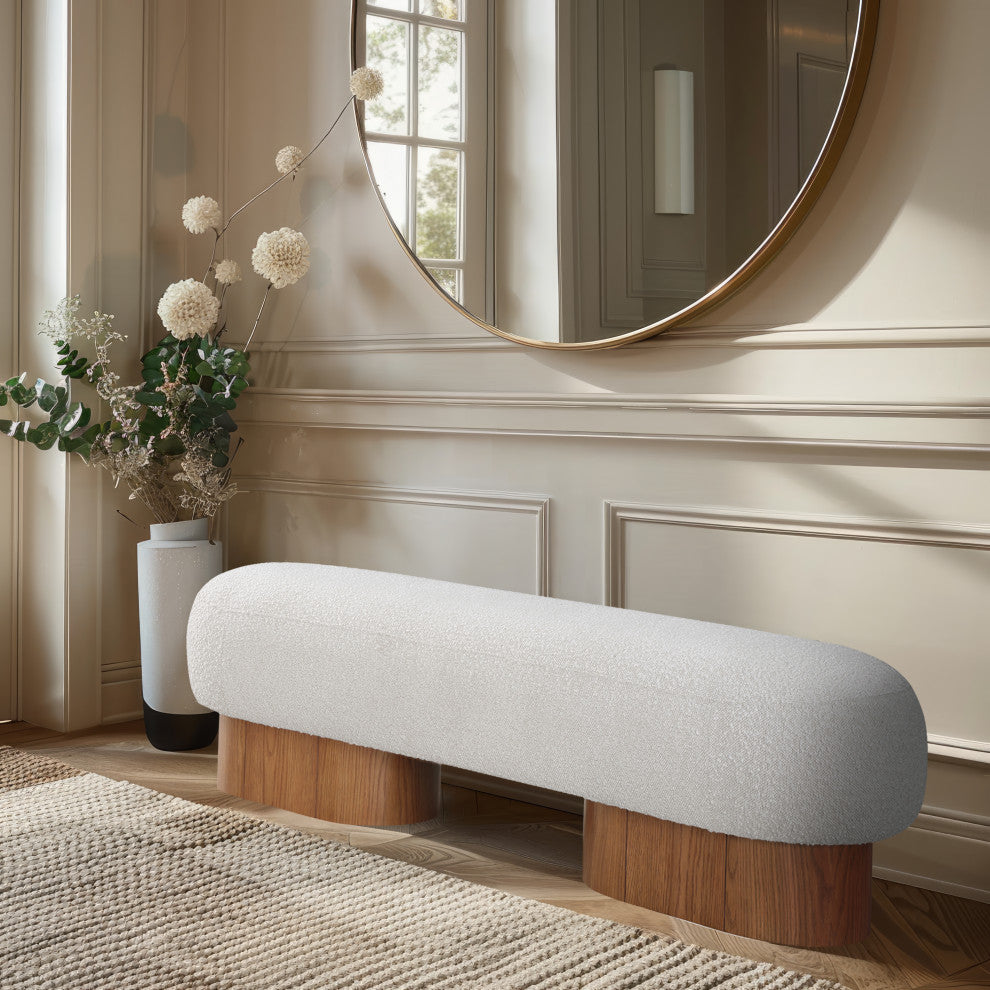 Robertson Boucle Fabric Upholstered Bench, Cream, Walnut Finish
