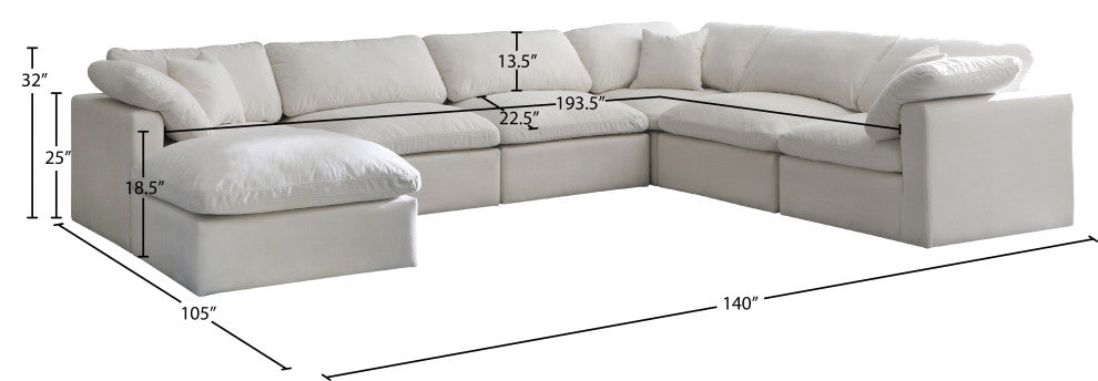 Plush Velvet / Down Standard Comfort 7-Piece U-Shaped Modular Sectional, Cream