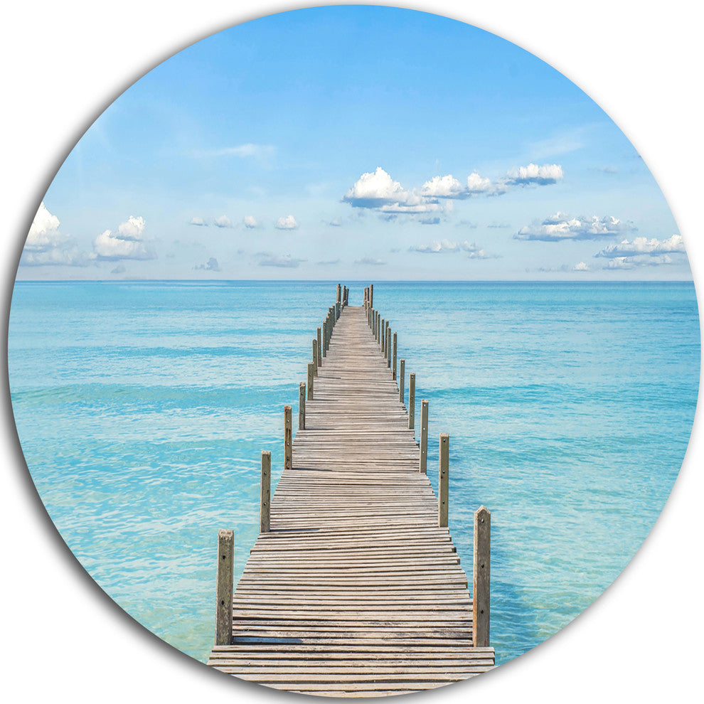 Pier Infinite To The Sea, Seascape Photo Round Metal Wall Art, 11"