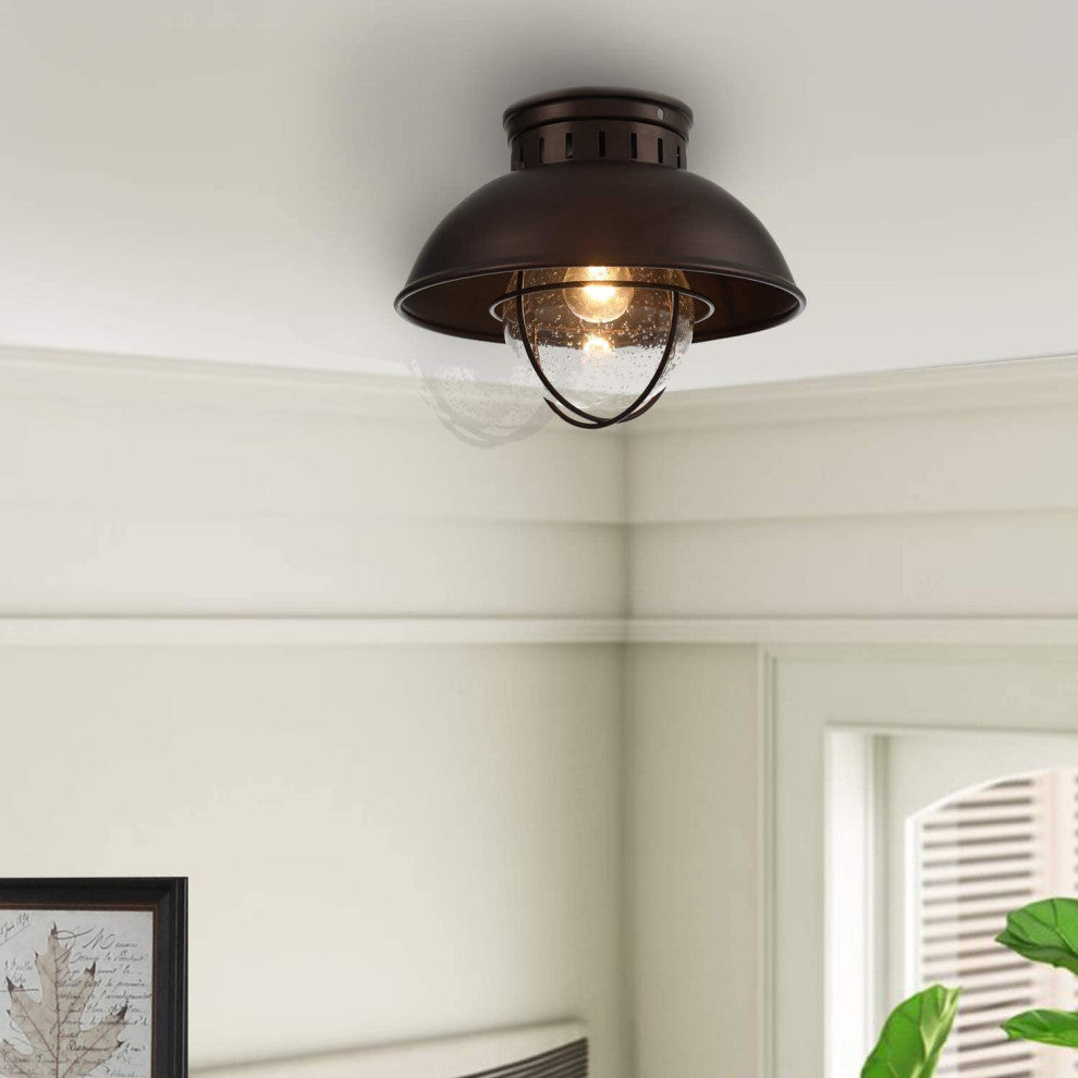 Farmhouse Flush Mount Ceiling Light Fixture, Cage, Glass Shade