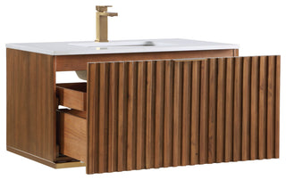 Terra Bathroom Vanity, Walnut/Satin Brass With White Quartz, 36", White Quartz Top