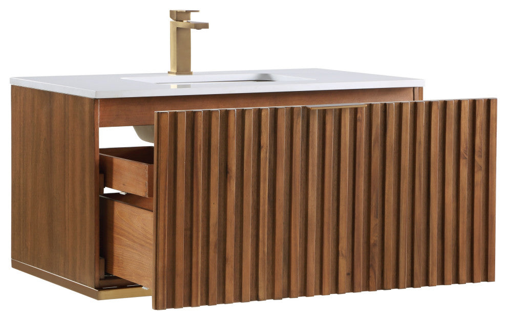 Terra Bathroom Vanity, Walnut/Satin Brass With White Quartz, 36", White Quartz Top