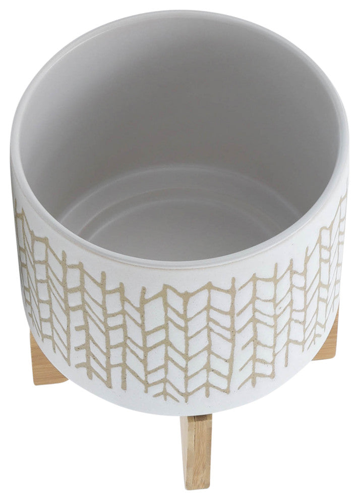 8" Chevron Planter With Wood Stand, Beige