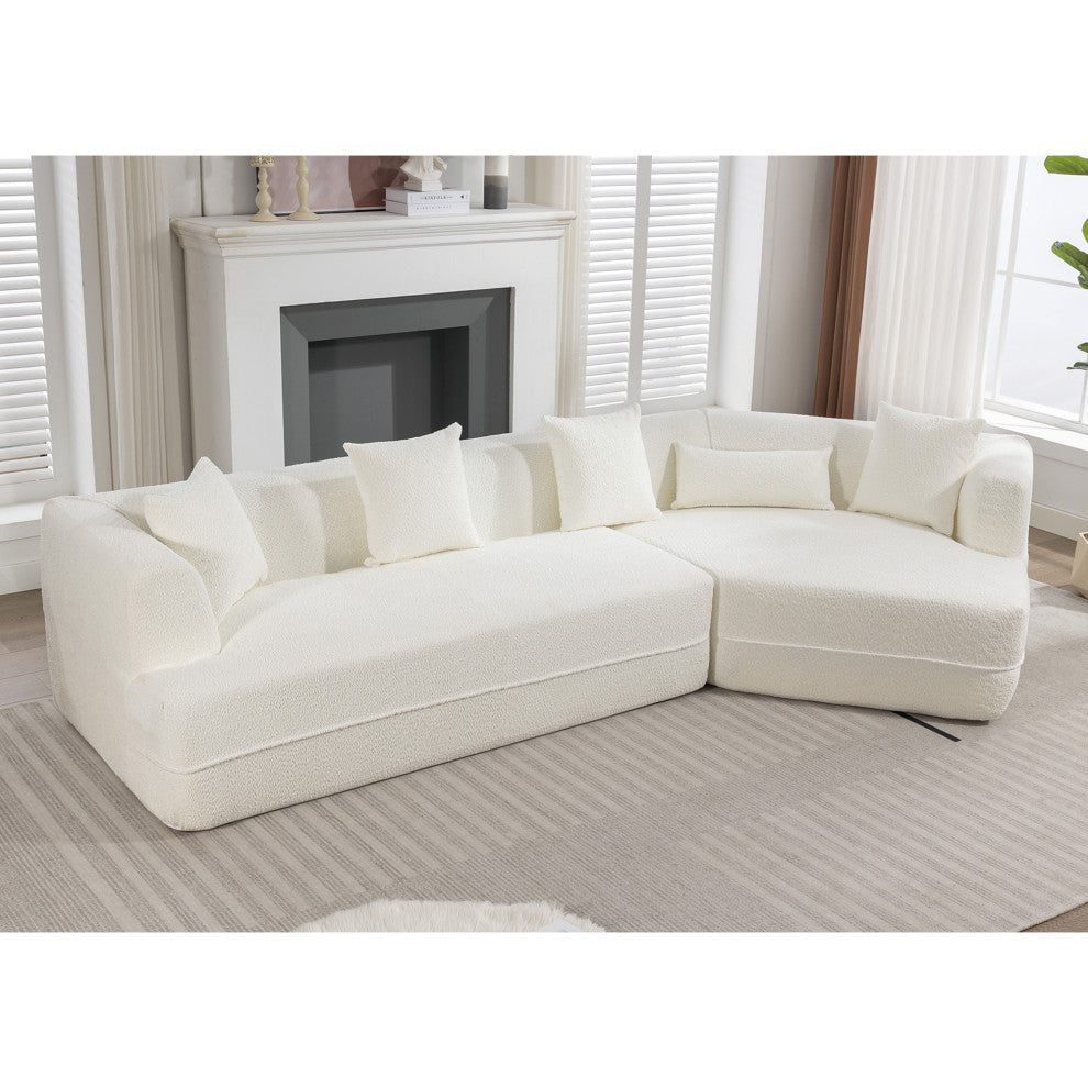 2-Piece Modular Sectional Sofa, Soft Crocheted Yarn Fabric, Creamy White