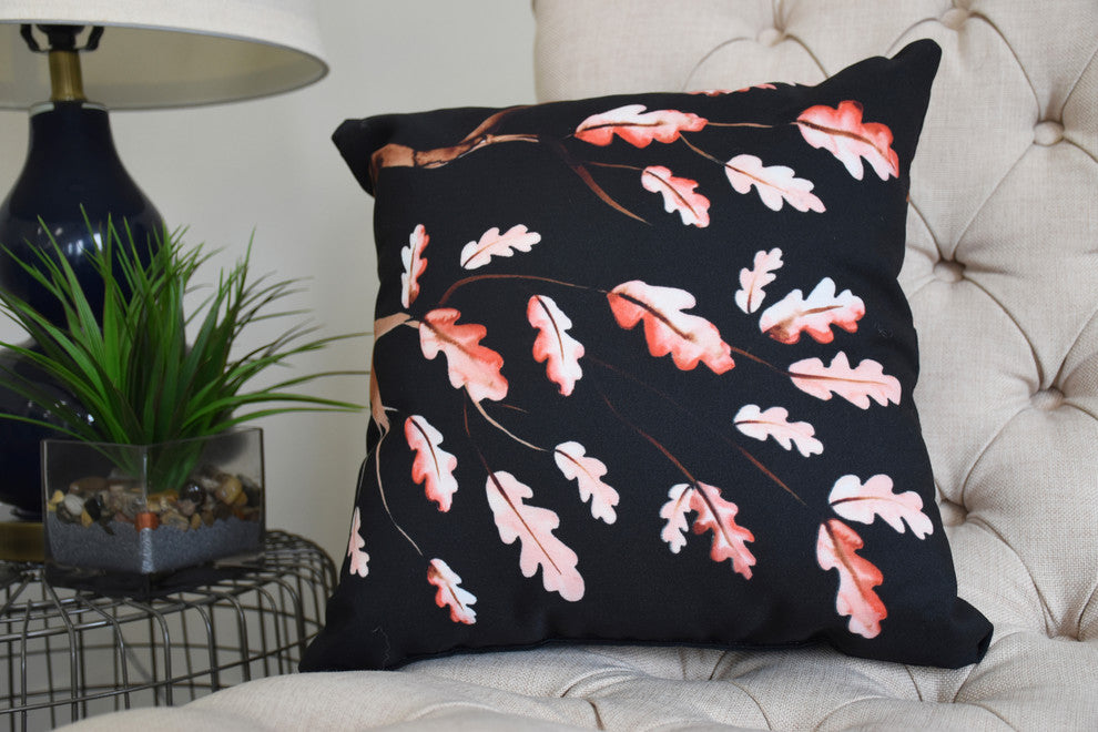 20" Wild Oak Branch Black Floral Print Decorative Throw Pillow