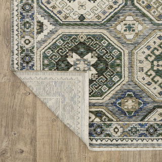 Hanford Panel Medallion Ivory/Blue Fringe Edge Area Rug 6'7" x 9'6"