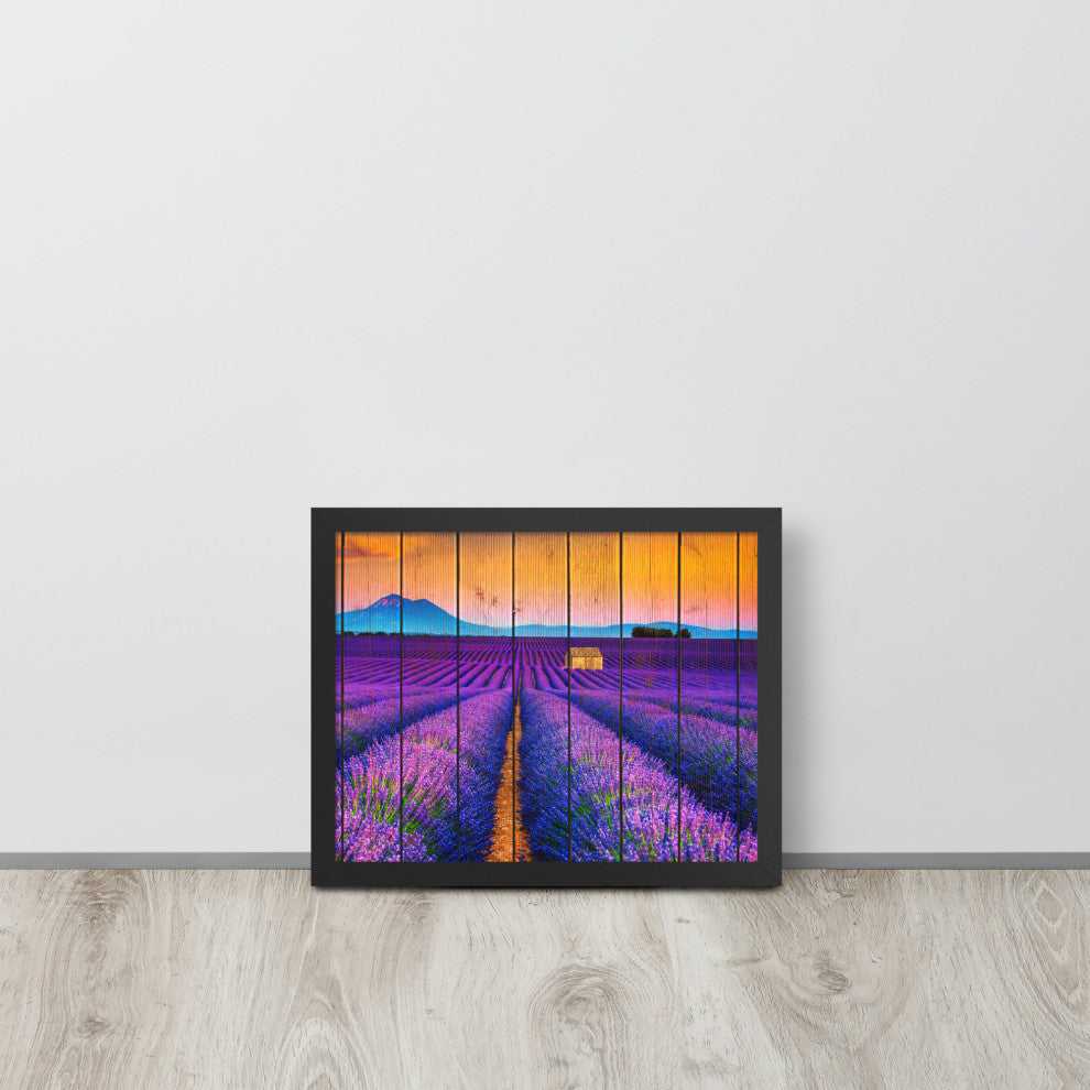 Faux Wood Lavender Fields and Sunset Landscape Framed Photo Paper Wall Art Print, Black, 11" X 14"