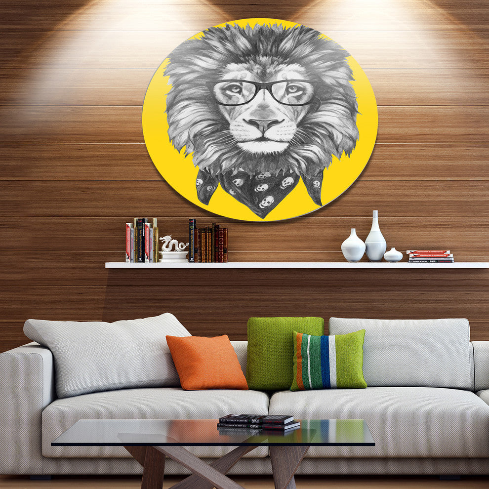 Lion With Glasses And Scarf, Animal Large Disc Metal Wall Art, 36"
